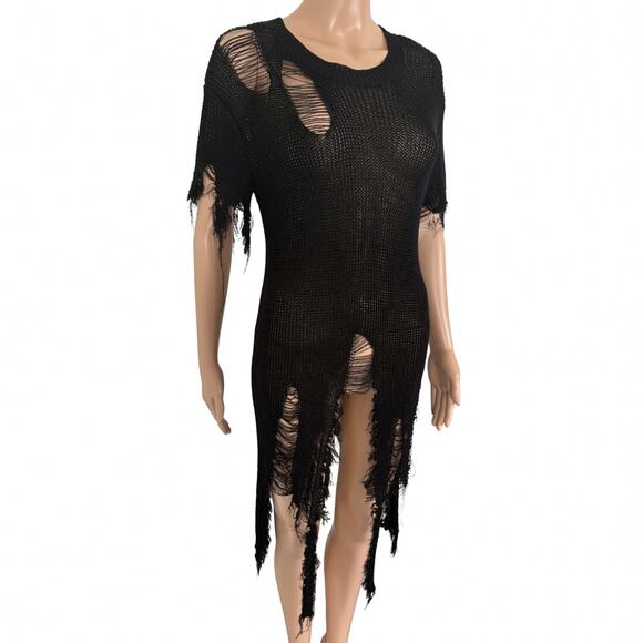 Black Distressed Shredded Knit Top Grunge Punk Sheer Mesh Ripped Tee Dress S - Picture 2 of 4